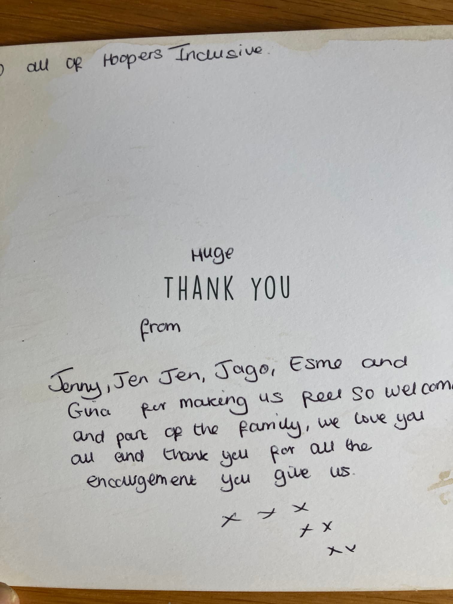 A handwritten thank-you card from Jenny, Jen Jen, Jago, Esme and Gina